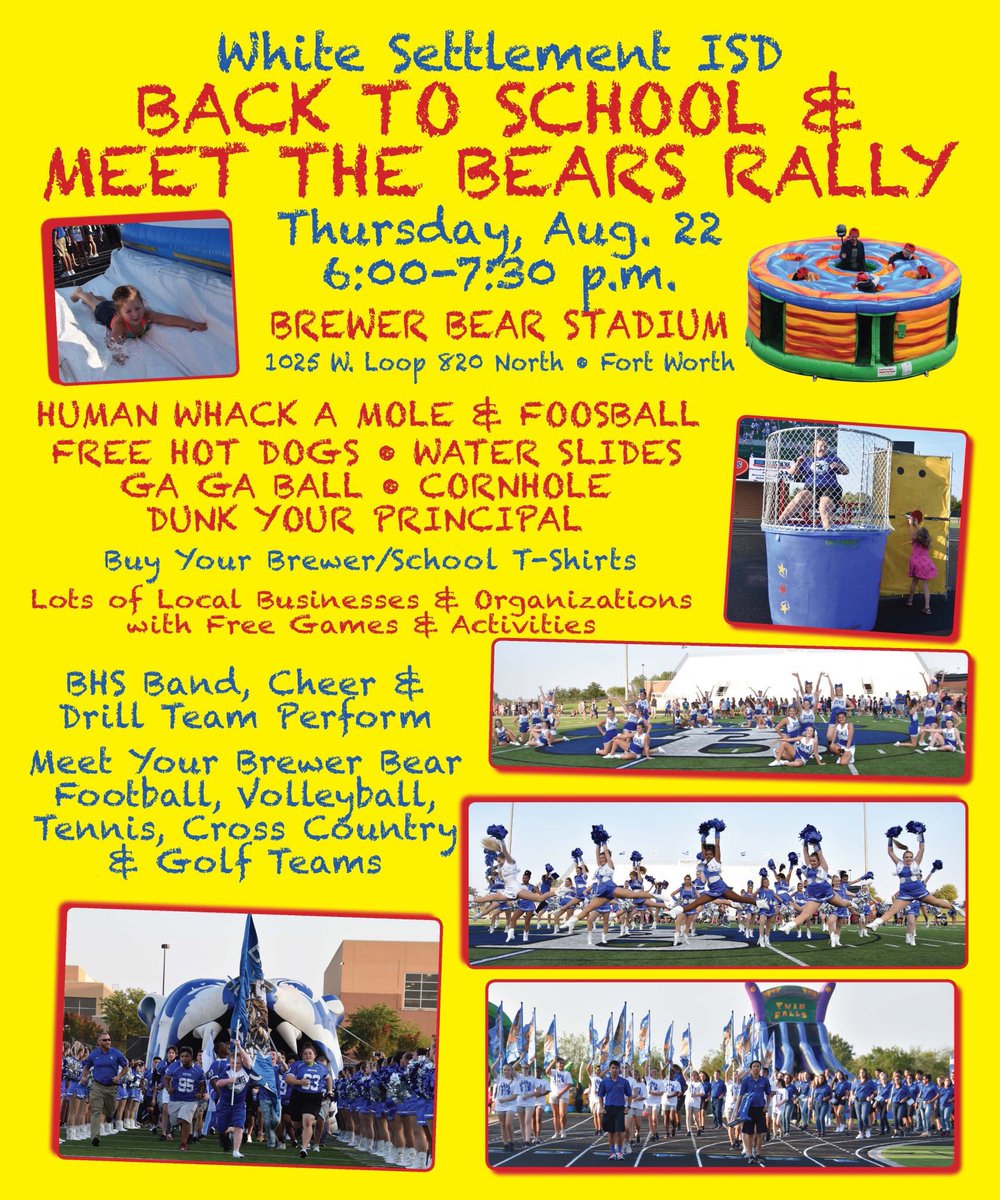 Community rally w/ 30+ booths/games, hot dogs, Human Whack-A-Mole, water slides ... what more could you want?! Come out &amp; support your Bears! <a href="/brewerfbbooster/">BHS Football Booster</a> <a href="/BrewerBearFB/">Brewer Football</a> <a href="/BrewerVBall/">BrewerVolleyball</a> <a href="/BrewerBearXC/">Brewer Cross Country</a>  @BrewerTennis #smalltowncommunitybigtownfun