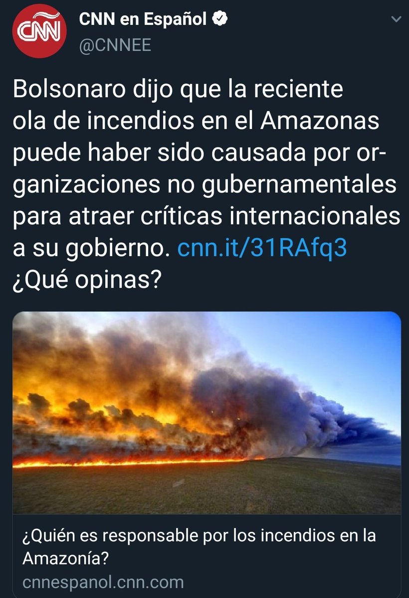 RT Comparte 🔁

Ahora resulta que al pobre presidente <a href="/jairbolsonaro/">Jair M. Bolsonaro</a> "se la montaron" con el incendio en el Amazonas 🇧🇷 . Ustedes le creen a este pobre ciudadano víctima de los malvados defensores del medio ambiente? 😒

#PrayforAmazonas 
#PrayForTheAmazon 
#AmazonFire