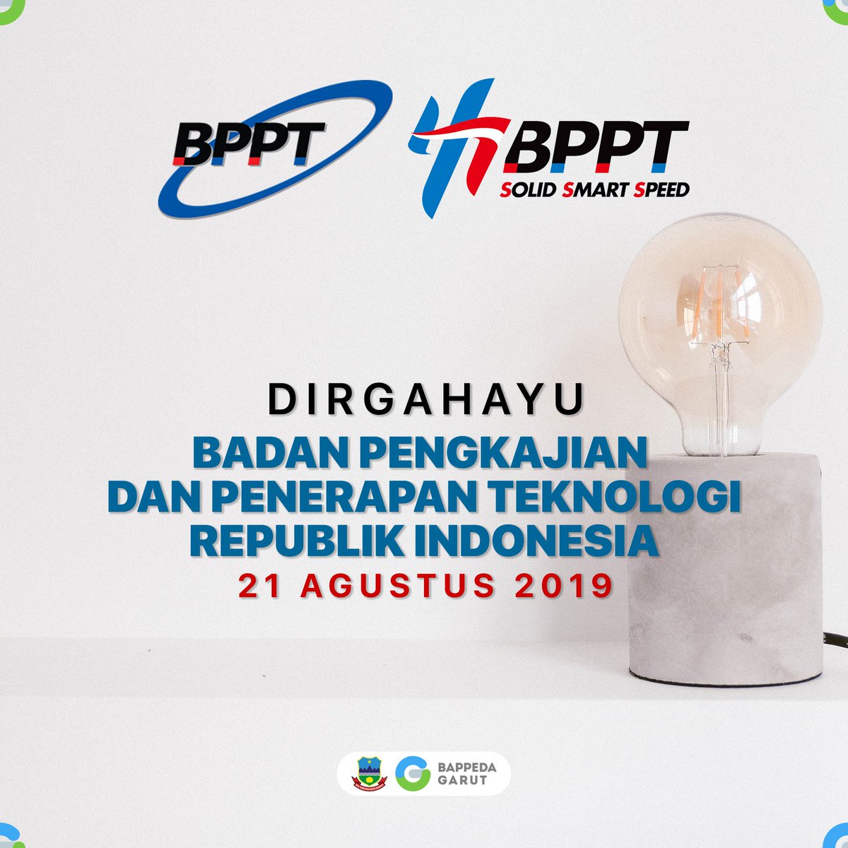 bappedagarut's tweet image. Dirgahayu @BPPT_RI ke-41 Tahun.

Semoga semakin maju berinovasi membangun teknologi yang bermanfaat untuk masyarakat Indonesia Maju, Mandiri, Adil dan Makmur. ✊ #HUT41BPPT #41TahunBPPT #BPPTSolidSmartSpeed