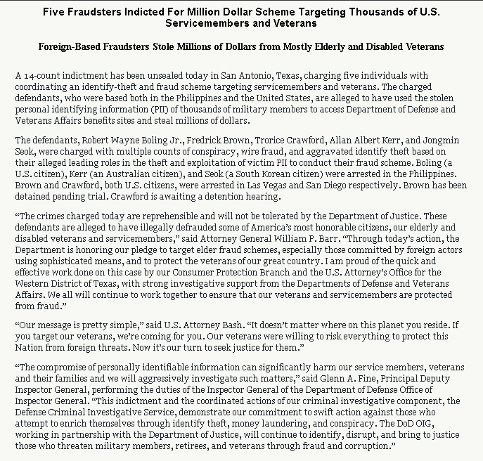 AnonCassi's tweet photo. #Justice Foreign-Based Fraudsters Stole Million$ From Thousands Of Elderly & Disabled Veterans
#UnsealedIndictment #Unsealed
⚖️Robert Wayne Boling Jr🇺🇸
⚖️Fredrick Brown, NV
⚖️ Crawford, CA
⚖️Allan Albert Kerr🇦🇺
⚖️Jongmin Seok 🇰🇷
WDTX #Bash
@POTUS #EAPPA
https://t.co/t0T3QUQoji https://t.co/il1u6jqfAk