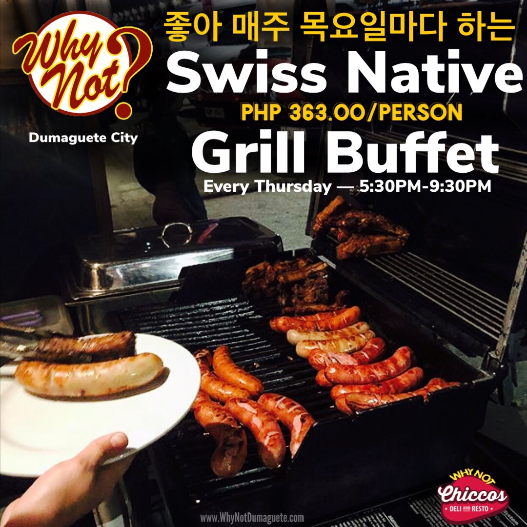 WhyNotDumaguete's tweet photo. Thursday…
#와이낫
Another 넘 좋아 매주 목요일마다 하는 #Swiss #Native #Grill #Night (#AllYouCanEat #BBQ)
@ #DumagueteBoulevard (aka #RizalBoulevard)
#LeChalet, #WhyNotRestaurant #Dumaguete
starting 5:30pm
#foodporn #foodtrip #foodtripduma https://t.co/fQ3wMpCKwK