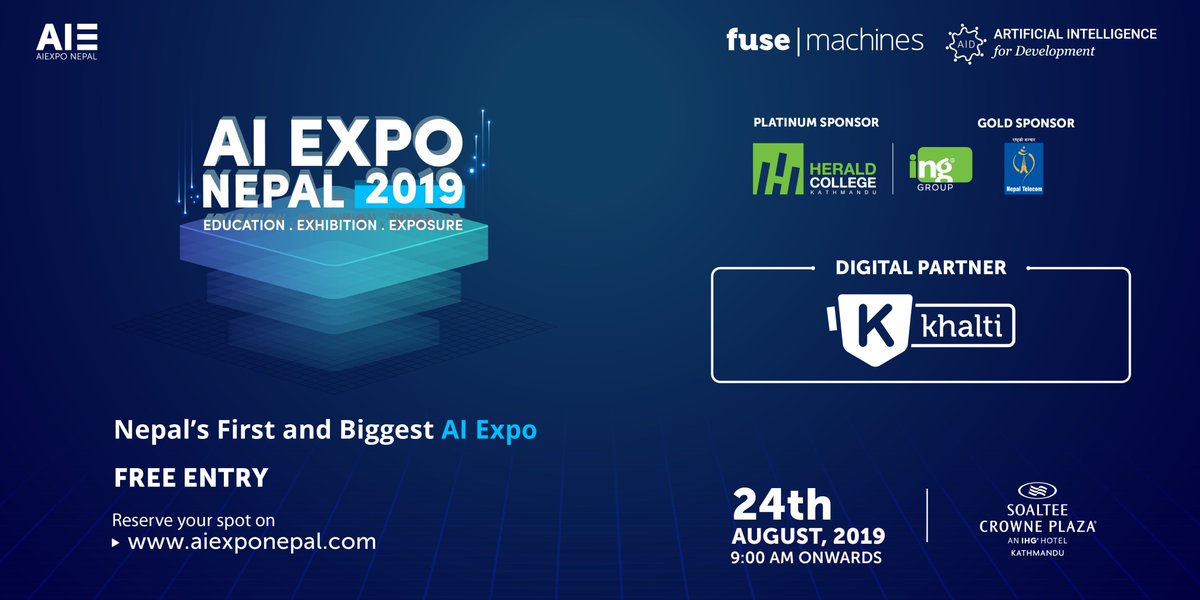 aiexponepal's tweet photo. We are excited to announce Khalti as our Digital Partner for #AIExpoNepal2019! 😃

Sign up here for FREE registration: https://t.co/xeSLvivsTa

Date: August 24, 2019
Venue: Soaltee Crowne Plaza

#AIExpoNepal #ArtificialIntelligence #AI #EventsToAttend https://t.co/yUwx5GMnyZ