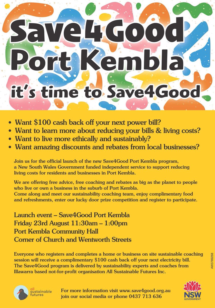 save4good's tweet photo. Join us tomorrow 11:30am, make small changes to help reduce your living costs and help our environment #save4good #portkembla https://t.co/ye3BNa932Z