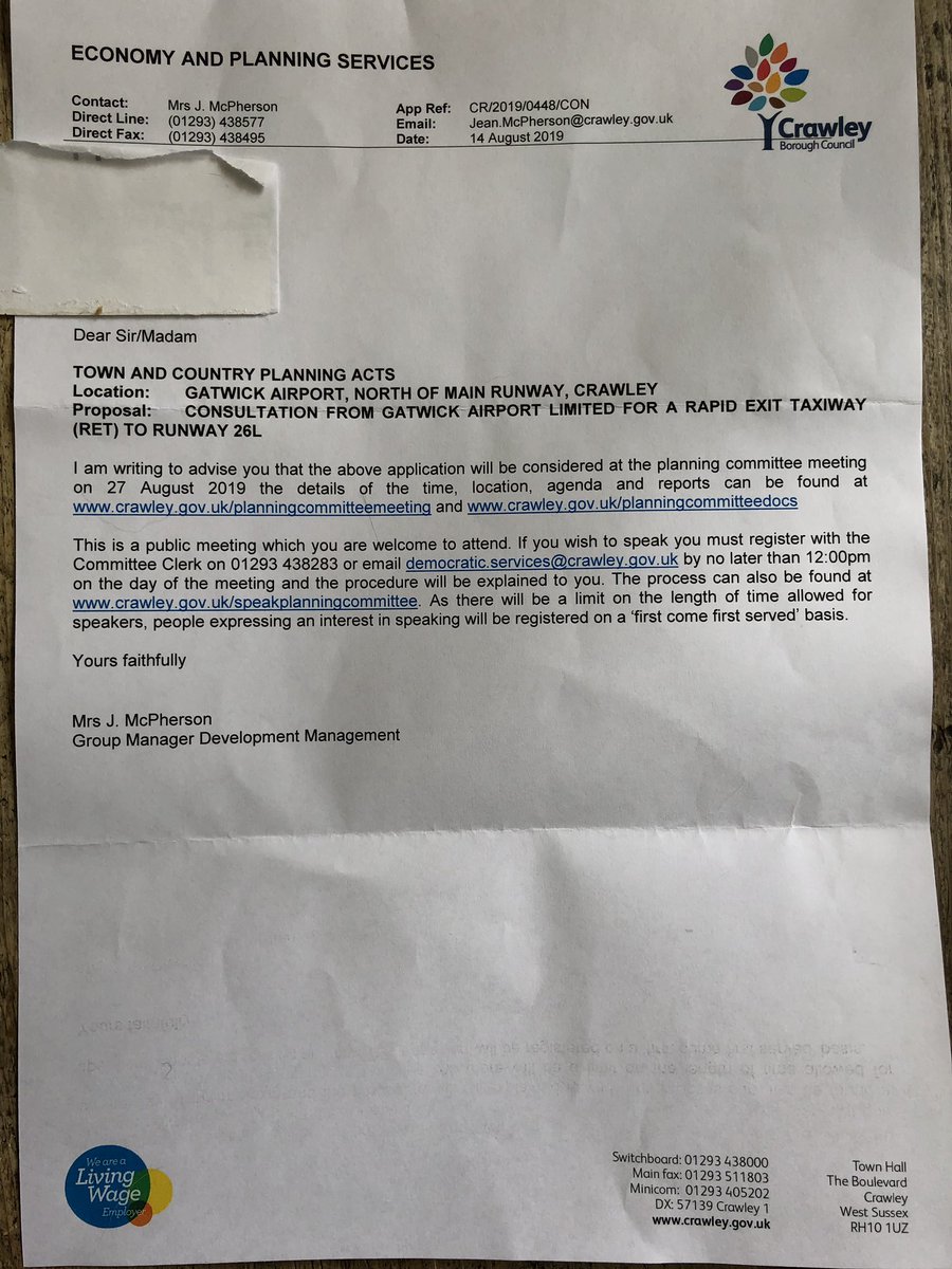@GreenpeaceUK letter re public planning committee meeting to discuss Gatwick’s plans to turn emergency runway into a runway. Lett dated 14.8, received 21.8, mtg on 27.8! #gatwickexpansion