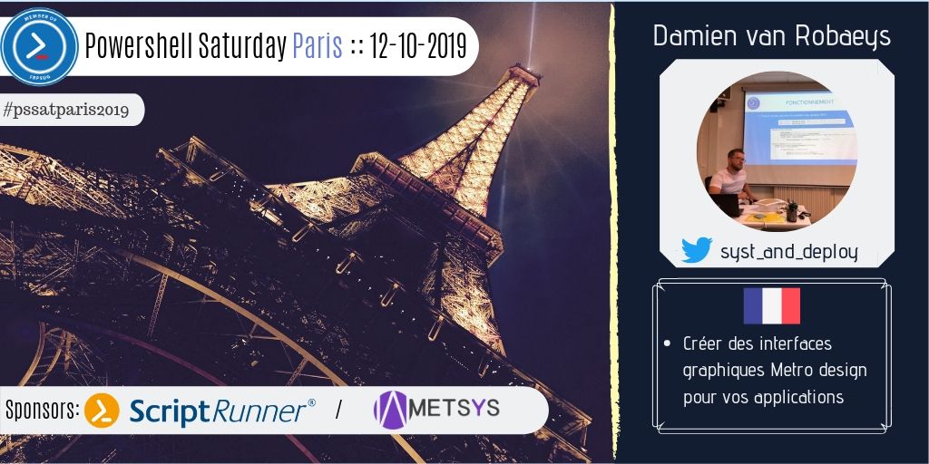 FrPSUG's tweet photo. Don't miss @syst_and_deploy talk: "Créer des interfaces graphiques Metro design pour vos applications" on 10/12/2019
Limited seats available. Register now -> https://t.co/57kdCmoDHE
#pssatparis2019 #powershell #paris #WPF #GUI #MetroDesign https://t.co/e5Sc01sxbR
