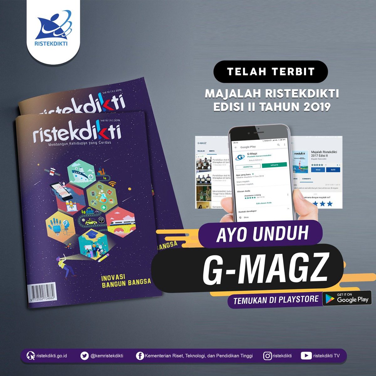 brin_indonesia's tweet photo. #SobatRistekdikti juga dapat membaca Majalah Ristekdikti Edisi Kedua Tahun 2019 versi 'mobile apps' yang dapat diunduh pada 'Google Play Store' di Android dengan kata kunci "G-Magz Ristekdikti".

Klik tautan : https://t.co/3K2yE5JhIf https://t.co/PZn3ZlXkIu