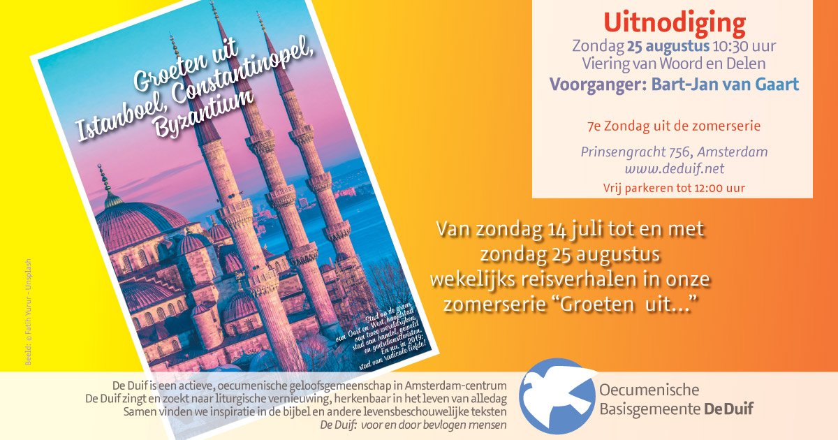 deduif's tweet photo. Stad op de grens van Oost en West, hoofdstad van twee wereldrijken, stad van handel, geweld en godsdiensttwisten. En nu, in 2019: stad van radicale liefde!
Bart-Jan van Gaart zal aanstaande zondag spreken met het thema: Groeten uit Istanboel, Constantinopel, Byzantium.  1/2 https://t.co/wfP3d28TT9