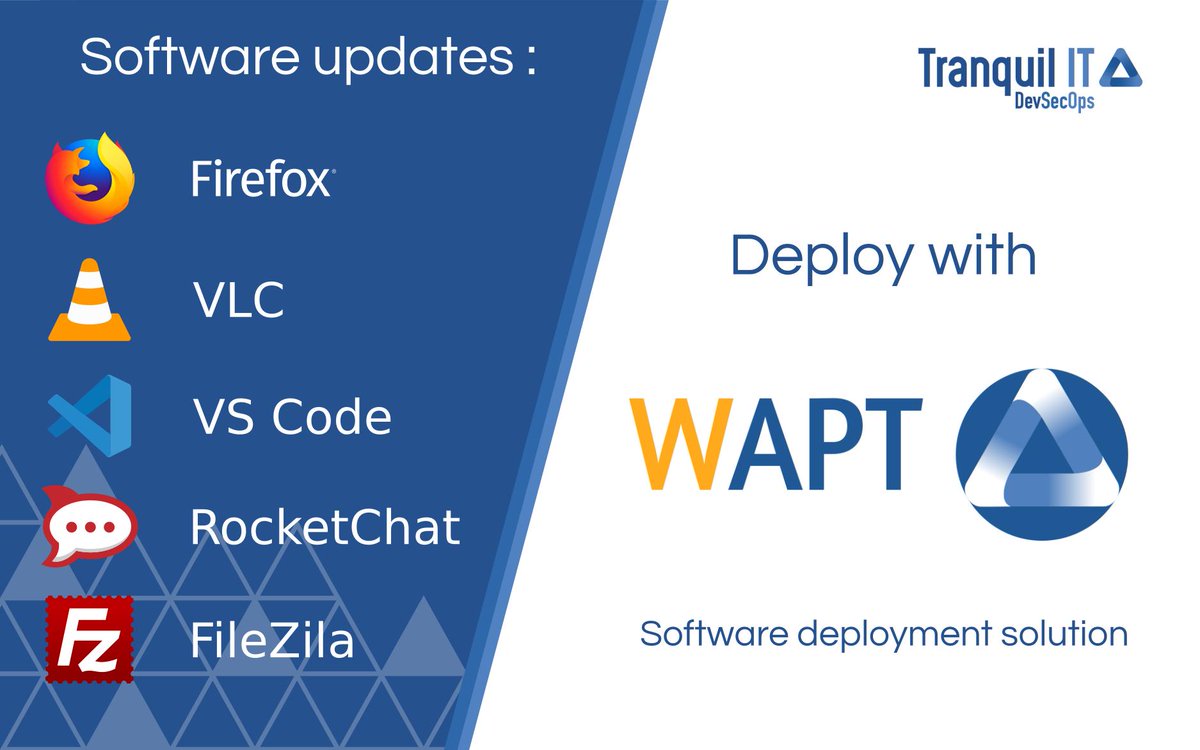 TRANQUIL_IT's tweet photo. 📢[UPDATE] New software updates for #Firefox, #VLC, #VSCode, #RocketChat et #Filezila available on the #WAPT store.

Download packages ➡ https://t.co/KE6WjUkAuY

#patchmanagement #Update #CyberSecurity https://t.co/b0GQYNsl36