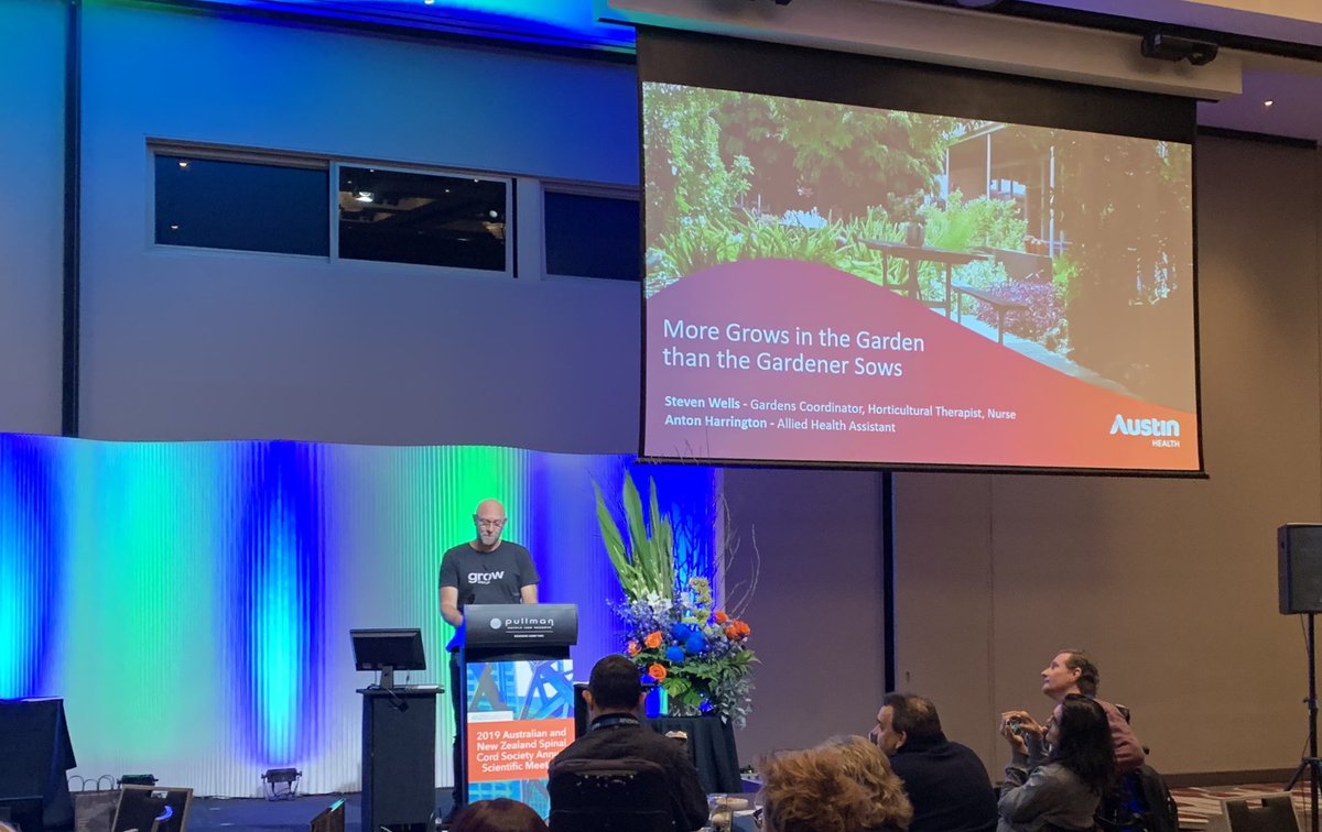 CarolDa38378820's tweet photo. Anton HARRINGTON, allied health assistant &amp; Steven Wells, horticultural therapist @Austin_Health telling us about the many benefits of using nature therapeutically in SCI rehab @AustinHealthOT @anzscos2019 https://t.co/61b1W4Fck6