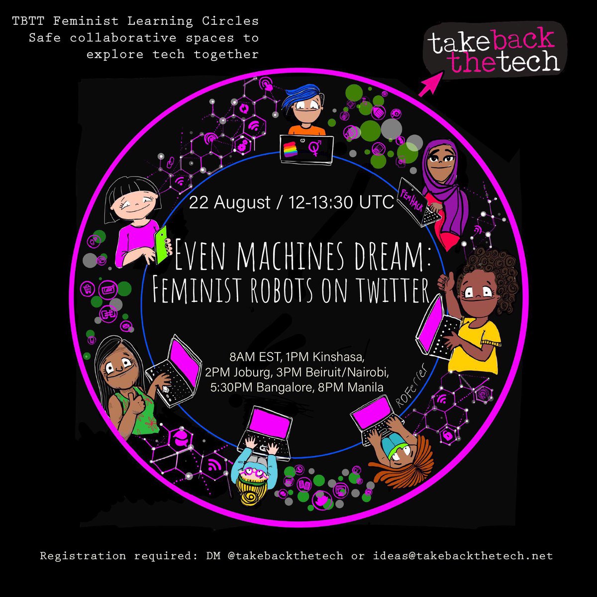 takebackthetech's tweet photo. Is TODAY and there is *no room* >Even machines dream, feminist robots for Twitter. **Feminist Learning Circles, safe collaborative spaces to explore tech together*. Sharing tools to occupy the internet in a creative way! #feministinternet thanks for being part of it <3 https://t.co/9Tc6yed6H0