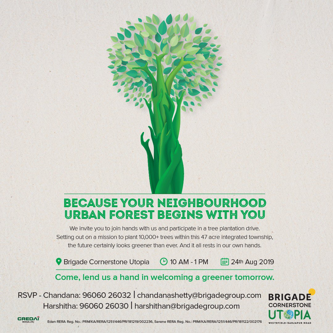 BrigadeGroup's tweet photo. Join us in our endeavour to accomplish a greener tomorrow with a neighbourhood urban forest. Come, lend us a hand at the tree plantation drive at Brigade Cornerstone Utopia in association with Vanantara
#BrigadeCornerstoneUtopia #TreePlantation #BeUtopia https://t.co/CYiabYYTxA