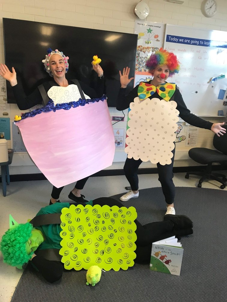 PPG teachers Book Week costumes inspired by Where is the Green Sheep?  Introducing the bath sheep, clown sheep and the green sheep! #bookweek2019  #celebrate @KatyaAnderson3 @alisonld64 @LisaMcclue @NewmanCollegeWA