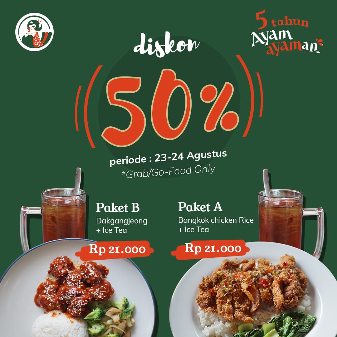 [DISKONAN ALERT]⁣

Dalam rangka 5 tahun AyamAyaman, Mami Ayam mau kasih diskon 50% nih buat kamu yang order Go-Food selama 23-24 Agustus 2019 🐔