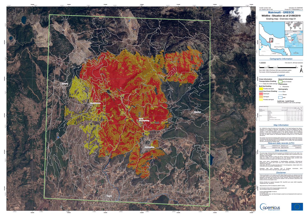 CopernicusEMS's tweet photo. Yesterday at 23:40 UTC, while most of us in the #EU 🇪🇺 were fast asleep, our #RapidMappingTeam published the grading map for the #Evia #Εύβοια island 🇬🇷 wildfire
2580 ha is the final area of the burn scar
1091 ha of forest affected of which 518 ha have been "destroyed" https://t.co/0AbA4vyLlI