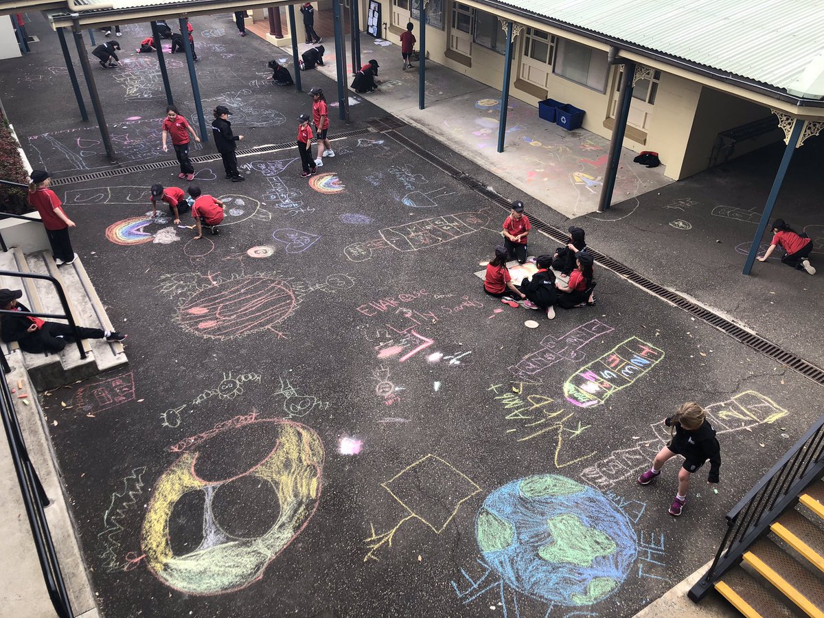 Year 2/3 have taken over the playground outside the library with super charged pavement art - or graffiti? You decide! 💥☄️⚡️🦸🏼‍♀️🎨🦸🏽‍♂️ #bookweek #librarytwitter #aussieED <a href="/TheCBCA/">The CBCA</a> great shot <a href="/ZeinaChalich/">Zeina Chalich 💬</a>