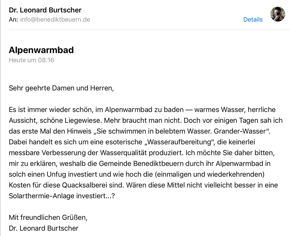 LeoBurtscher's tweet image. Die Gemeinde #Benediktbeuern verwendet in ihrem Alpenwarmbad #Grander-Wasser, eine esoterische, wirkungslose „Wasseraufbereitung“. Was die Gemeinde wohl dafür bezahlt? Kennt jemand ähnliche Fälle in öffentlichen Bädern? ⁦@gwup⁩ ⁦@goldenesbrett⁩ ⁦@florianaigner⁩