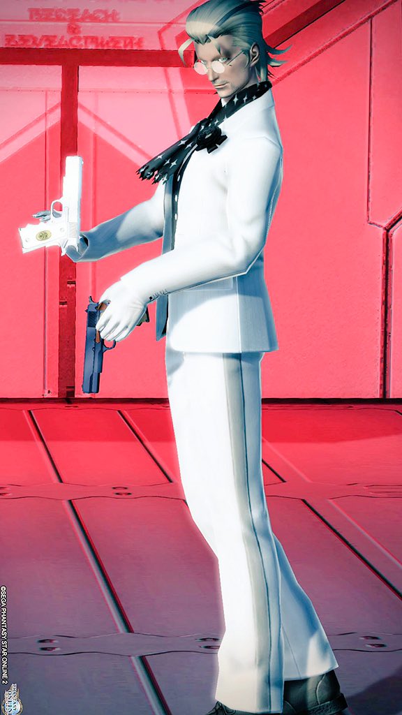 트위터의 こ すけ 님 この服装してる内に撮りたかったもの コーデと迷彩 アリアの双剣双銃 とロビアク Tマシンガンポーズ が噛み合っていてお気に入りの組み合わせ 背景はカスタムライトで赤く大胆に 警報鳴り響く敵地で優雅に戦うスパイみたいな感じ W Pso2