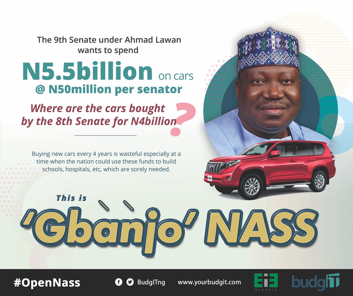 ♥ EMMY ♥ (@nuel_gbemi) on Twitter photo 2019-08-22 10:50:42 Hello @DrAhmadLawan, In a country where over 98m citizens live in ‘multidimensional poverty’, @NGRSenate’s plan to waste N5.5billion of taxpayers money on cars for 109 (including returned) members is reckless—after #8thSenate‘s N4bn cars. Is this the change you promised? Hello @DrAhmadLawan, In a country where over 98m citizens live in ‘multidimensional poverty’, @NGRSenate’s plan to waste N5.5billion of taxpayers money on cars for 109 (including returned) members is reckless—after #8thSenate‘s N4bn cars. Is this the change you promised?