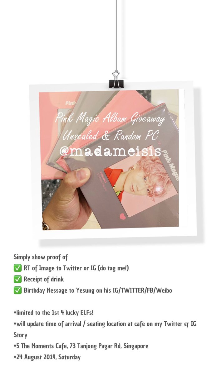MadameIsis's tweet photo. I am intending to give away 4 Unsealed Pink Magic Albums with Random PC on #824OURMAGIC cup sleeve event this Saturday at 5 The Moments Cafe, Tanjong Pagar to celebrate our beloved @shfly3424 Yesung’s birthday! 
Would love to meet fellow ELFs and Clouds &amp; Storm/Jongjin-nation 😊 https://t.co/AMZqjr3aUQ