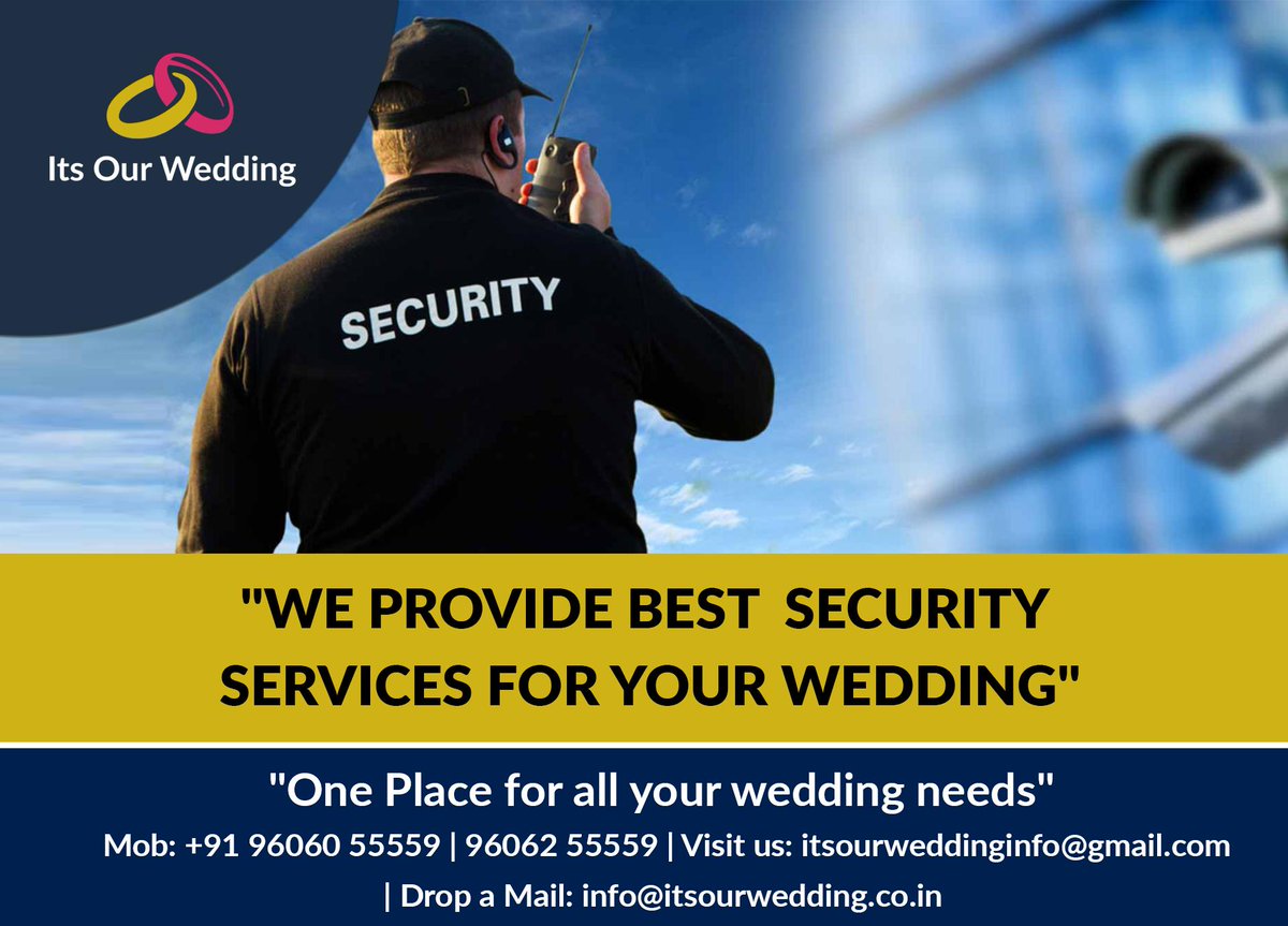 Itsourwedding1's tweet photo. Nothing can ruin a happy couple’s big day faster than a confrontational experience or a theft.
"We provide best #security services for your #wedding."
Contact us: +91 9880650005
Visit us at : https://t.co/9E468Nv80Z
Drop a mail to :info@itsourwedding.co.in
#weddings #SafetyFirst https://t.co/goO4iIcWAb