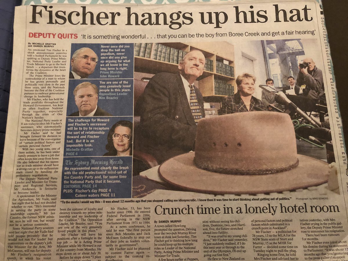 ‘Fischer hangs up his hat’ - reckon Tim would think this <a href="/smh/">The Sydney Morning Herald</a> headline from July 1999 when he stood down as DPM would be apt today with his sad passing. Vale <a href="/tafischerexmp/">@tafischerexmp</a> #raiseyourakubrafortim