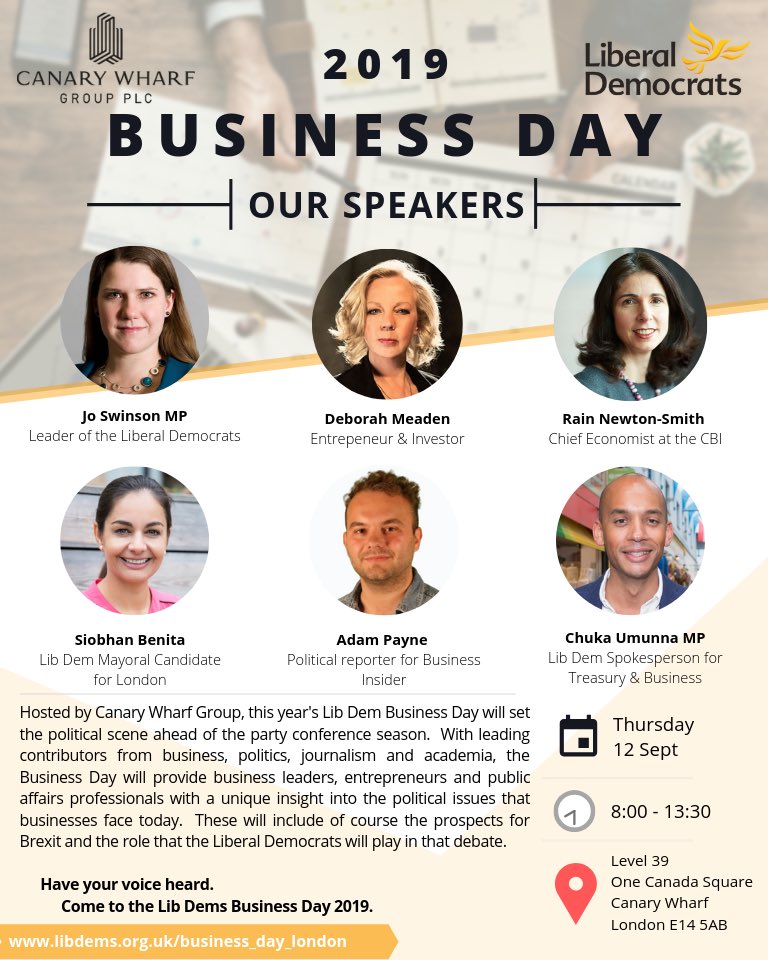 Cllr Victoria Atherstone #Cheltenham 🔶 (@libdemvix) on Twitter photo Book tickets to this year’s Liberal Democrats Business Day Thurs 12th Sept in London 🔶 Fantastic guest speakers incl #DragonsDen investor <a href="/DeborahMeaden/">Deborah Meaden 🇺🇦</a> Lib Dem Leader <a href="/joswinson/">Jo Swinson</a> & CBI Chief Economist <a href="/RainNewtonSmith/">Rain Newton-Smith</a> #Business #Economy <a href="/LDBusEntNet/">Liberal Democrats Business Network</a> libdems.org.uk/business-day-l… Book tickets to this year’s Liberal Democrats Business Day Thurs 12th Sept in London 🔶 Fantastic guest speakers incl #DragonsDen investor <a href="/DeborahMeaden/">Deborah Meaden 🇺🇦</a> Lib Dem Leader <a href="/joswinson/">Jo Swinson</a> & CBI Chief Economist <a href="/RainNewtonSmith/">Rain Newton-Smith</a> #Business #Economy <a href="/LDBusEntNet/">Liberal Democrats Business Network</a> libdems.org.uk/business-day-l…