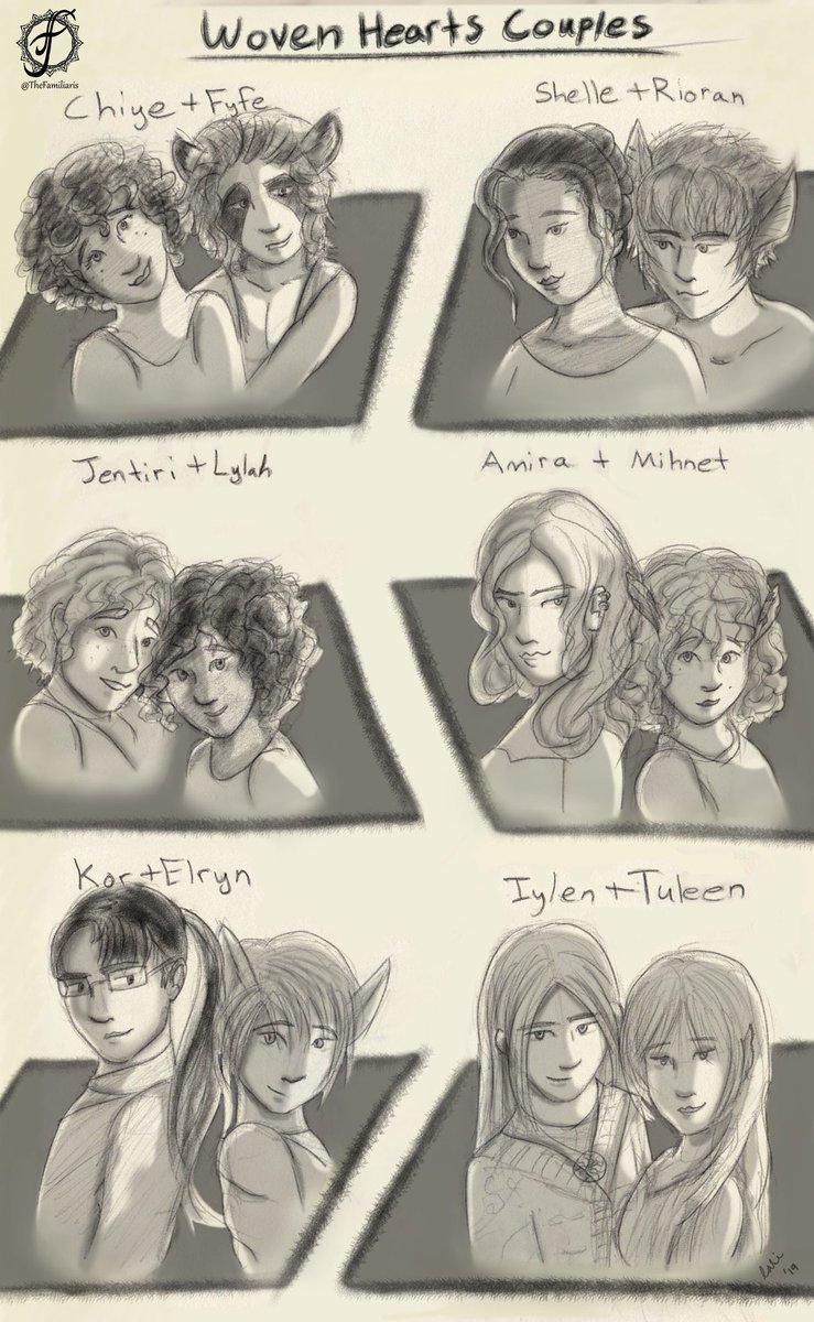 TheFamiliaris's tweet photo. How do you all like this early sketch of the Woven Heart cast? It was originally done for Monty so that there were faces to the names. I love the way @MysticLovesMuse put a hint to the couples dynamics in the sketch!
#DigitalArt #Illustration #Fantasy #Familiaris https://t.co/B0WYn7OdE0