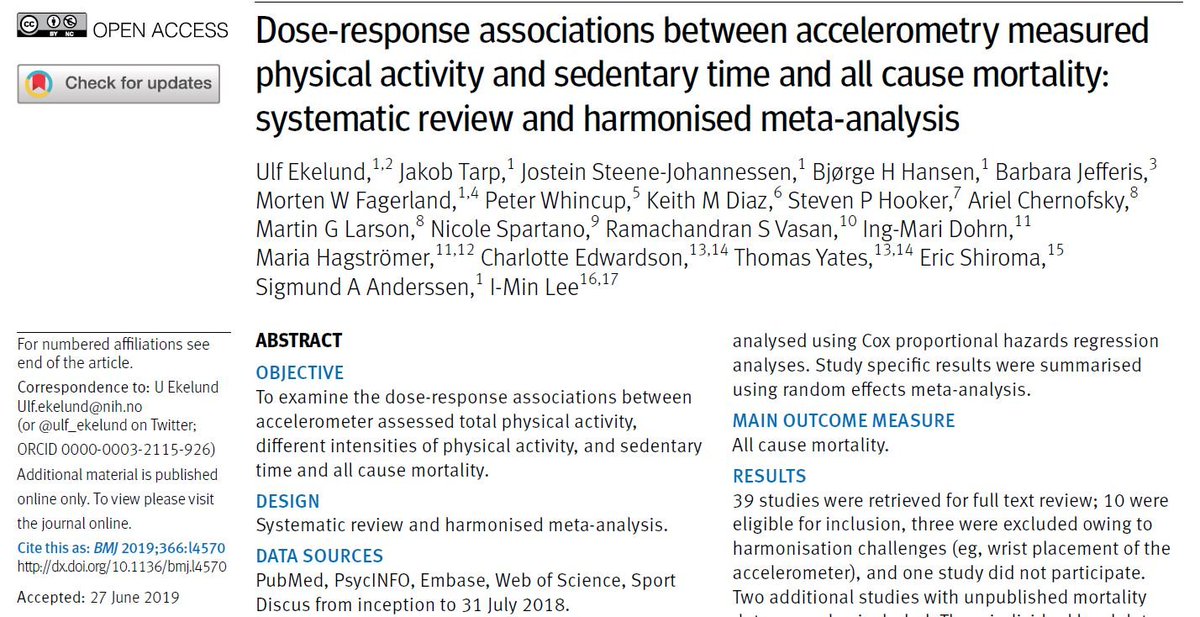 Our new study on associations between sedentary time, physical activity and mortality published in @bmj_latest today Free article bmj.com/content/366/bm… Editorial bmj.com/content/366/bm… Opinion blogs.bmj.com/bmj/2019/08/21… Amazing collaboration without external funding! 1/1 (Thread)