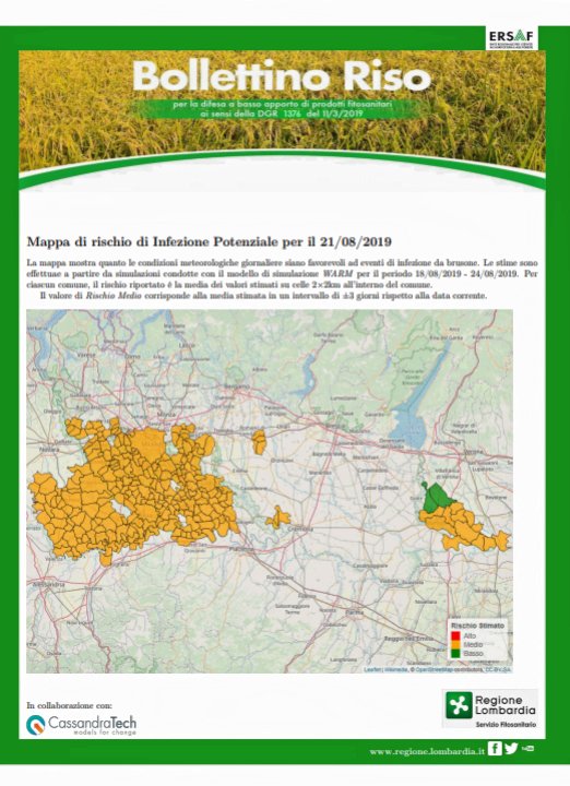 pestsurvey's tweet photo. #Brusone del #riso 🌾🌾🌾. Le elaborazioni fatte in collaborazione con #CassandraLab @LaStatale mostrano un rischio di Infezione potenziale di livello medio, in alcuni comuni il rischio può diventare alto. Consulta il bollettino ogni giorno sul sito 👉https://t.co/0IHojH532L https://t.co/zNWiU5z6un