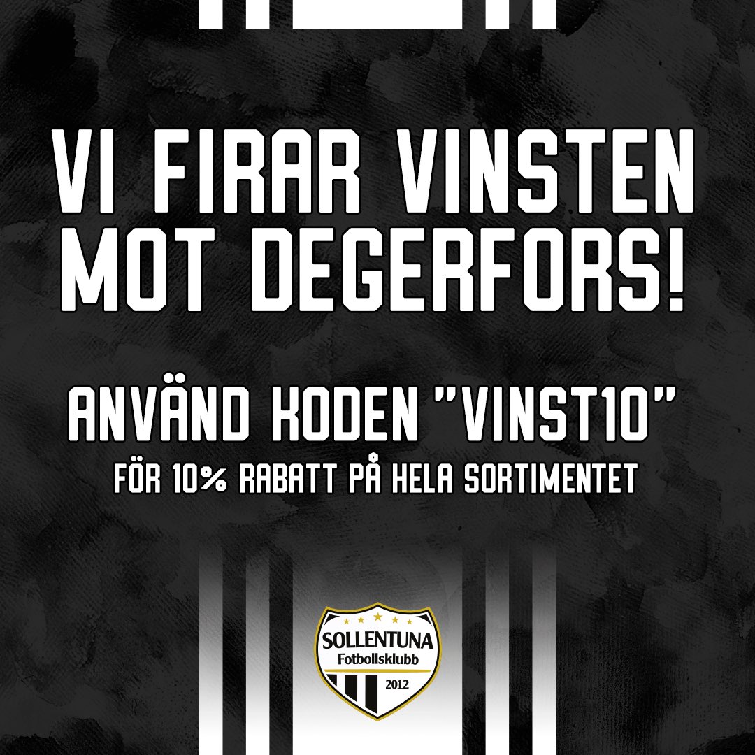 Vi firar vinsten mot Degerfors! 10% rabatt på hela sortimentet! ⚫️⚪️ #sollentunafk #sollentunafkshop #frånknattetillveteran