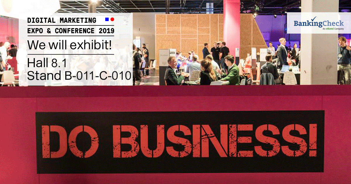 BankingCheck's tweet photo. Lernen Sie die Welt des #Feedbackmarketings auf der @dmexco kennen.
Vom #BankingCheck Team erhalten Sie alle relevanten Informationen bei einem persönlichen Gespräch in Halle 8.1 | Stand B-011-C010 auf der #dmexco19 »https://t.co/ofO0grIM0X https://t.co/vV4qKEaayM