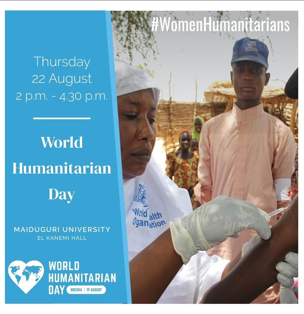 OCHANigeria's tweet photo. #WorldHumanitarianDay continues in #Nigeria with closing event at #Maiduguri University starting in a few minutes.
Come &amp; hear from key aid workers, remarkable #WomenHumanitarians from #Borno + participate in discussions with students. https://t.co/uthvGmhA6J
