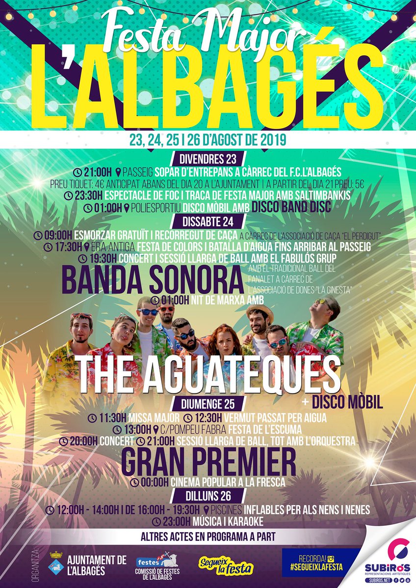 Seguim amb un #Agost amb grans #FestesMajors!
NO US LES PERDEU!!!
#festamajor2019 #concerts #atope #segueixlafesta
-----
facebook.com/SUBiROSReprese…