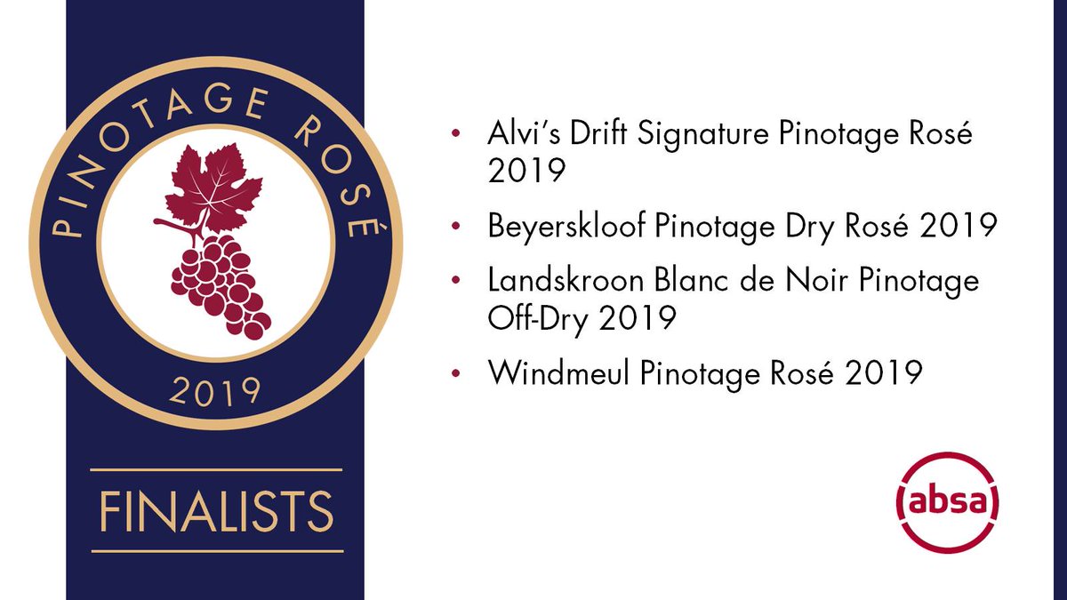 #PinotageRosé . Congratulations to all finalists in the 2019 Pinotage Rosé Competition . 
<a href="/alvisdrift/">Alvi's Drift</a> <a href="/Beyerskloof_/">notinusebeyerskloof</a> <a href="/landskroonwines/">Landskroon Wines</a> <a href="/WindmeulKelder/">Windmeul Kelder</a> 
Winners will be announced at the #PeroldAbsaCapeBlend award function on 29 Aug . 
 my.su/CapeBlendFinal… . <a href="/AbsaSouthAfrica/">Absa South Africa</a>
