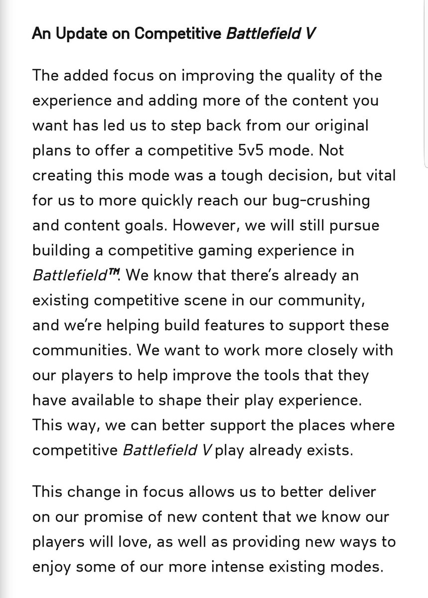 EsportBF's tweet photo. Unfortunately the 5v5 competitive Battlefield V mode EA and DICE planned to release has now been cancelled. 

Source:
https://t.co/iIayhO64v2 https://t.co/NTtkTFFZeI
