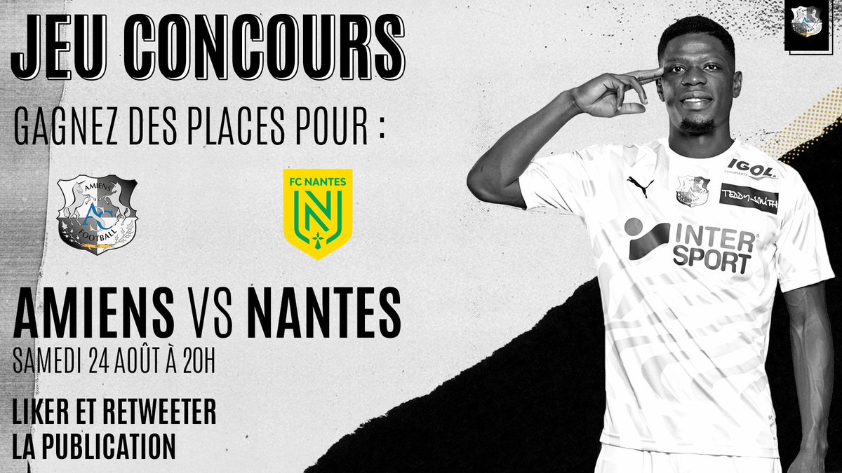 📢 [JEU-CONCOURS]
🔥 Supporters amiénois, deux places sont à gagner pour la rencontre à venir ce week-end face au <a href="/FCNantes/">FC Nantes</a> !
➡️ Pour participer, il vous suffit d'aimer et de RT cette publication ! 
⚠️ Fin du jeu et tirage au sort prévu à 12h demain.