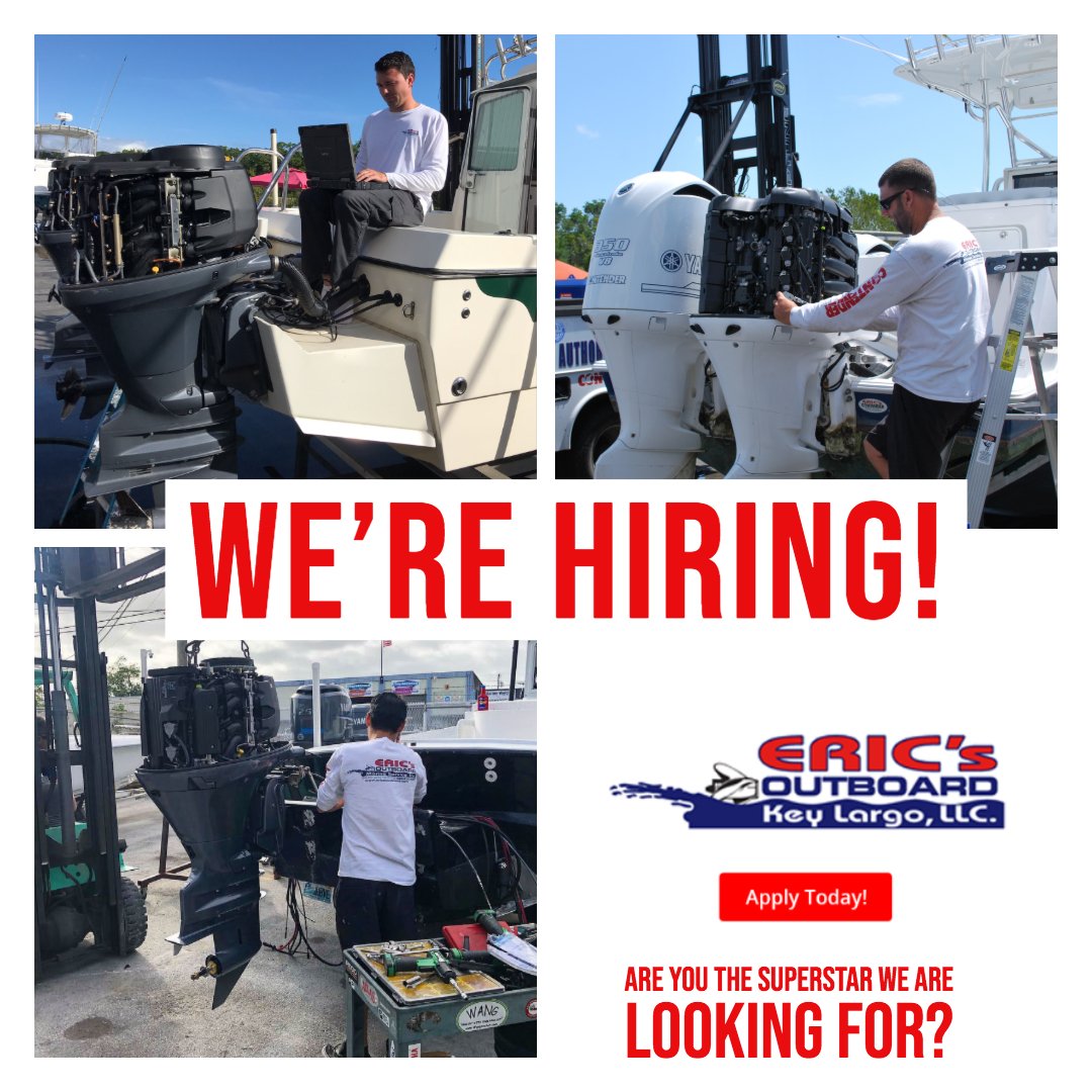 erics_outboard's tweet photo. Attention --> Eric's Outboard Key Largo has open positions!

• Exp. Yamaha Outboard Tech.
• Parts Counter, Engine &amp; Boat Sales
• Yamaha Repower Specialist
• Yard Crew &amp; Forklift Operator

 Jennifer@ericsoutboard.com

#newjob #career #marineindustry #ericsoutboard #keylargo https://t.co/OZ6NLhcOJ1