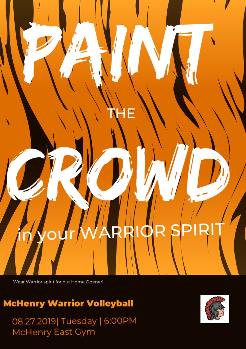 McHenryVB's tweet photo. WARRIORS...your volleyball team has their first home game!  Come pack the gym and wear your warrior spirit. 
🔸 August 27th 
🔸 Against  Hampshire High School  
🔸 at 6 p.m. 
🔸 East Main Gym https://t.co/Do5g5fjfc0