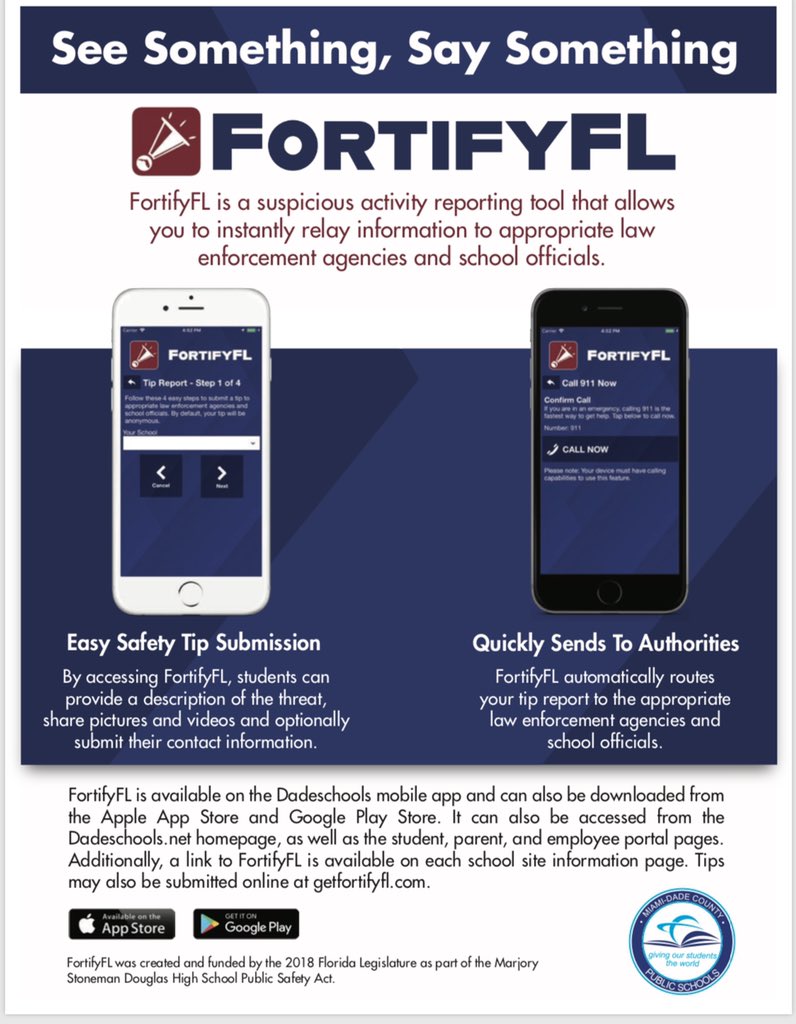 MLECJaguars's tweet photo. “See Something, Say Something” report suspicious activity through #FortifyFL mobile app. https://t.co/0WfV2Yiqtj