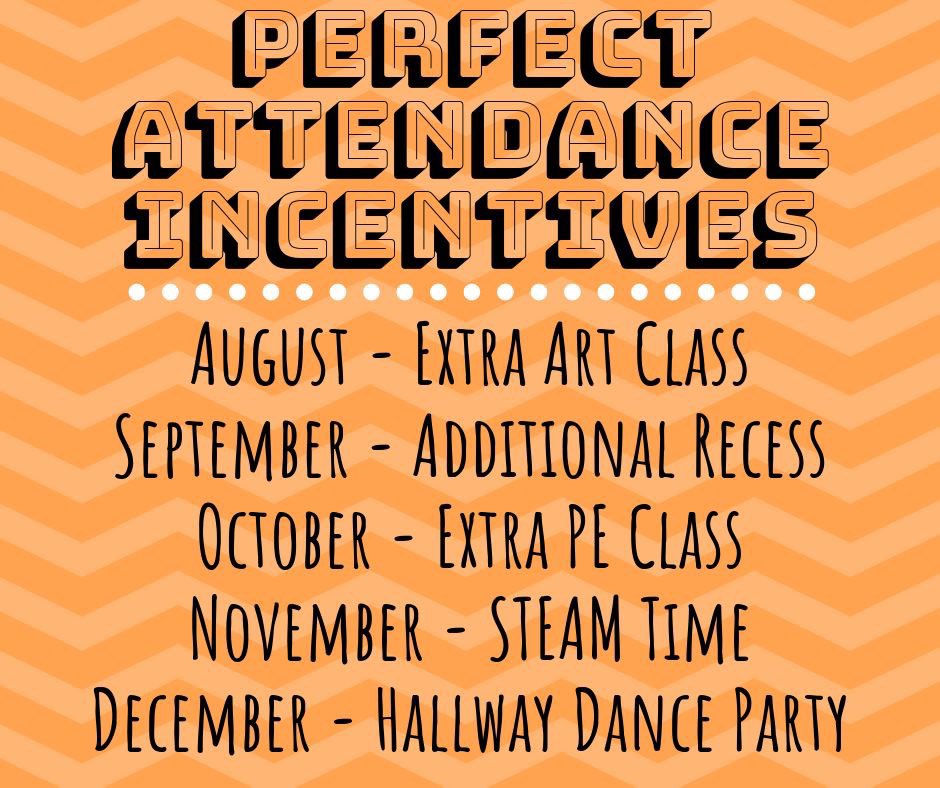 RivertonElem's tweet photo. Each month we will reward students who have perfect attendance! All students with perfect attendance for the month of August will receive an additional Art class!
Perfect Attendance = no tardies, check-outs, or absences https://t.co/D4RtSboh9t
