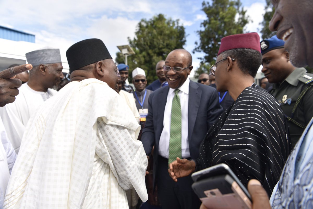 GovKaduna's tweet photo. Governor Nasir @elrufai has arrived in Zaria together with the Minister of Environment, Muhammad Mahmood and the Central Bank Governor, Godwin Emefiele, to receive President Muhammadu Buhari, ahead of the commissioning of the Zaria Water Project and the ABU Post-Graduate Centre. https://t.co/J2baNNVeI1