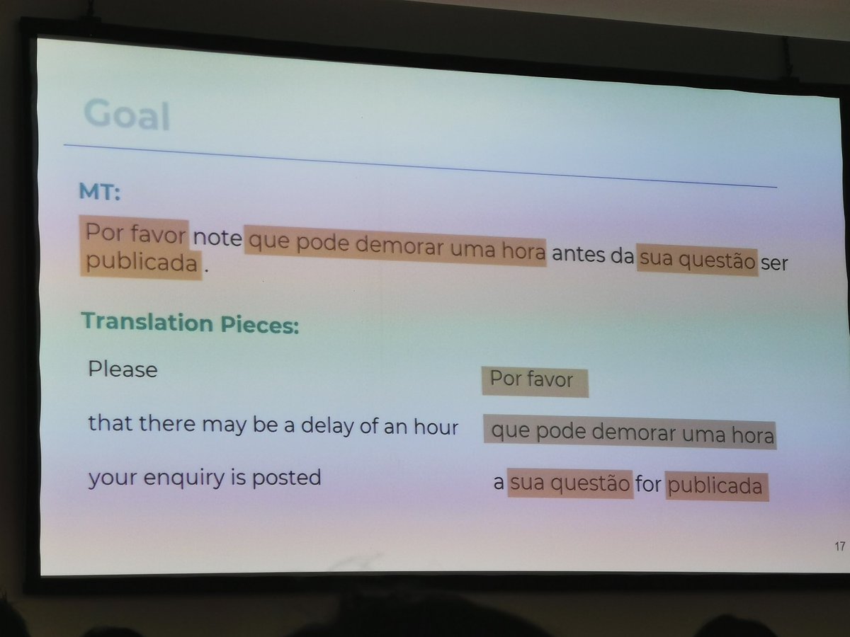 ChristianEisold's tweet photo. Domain adaptation @Unbabel with translation pieces. @MTSummitXVII #MTSummit2019 @blcTeam https://t.co/OsUCFx7aKX