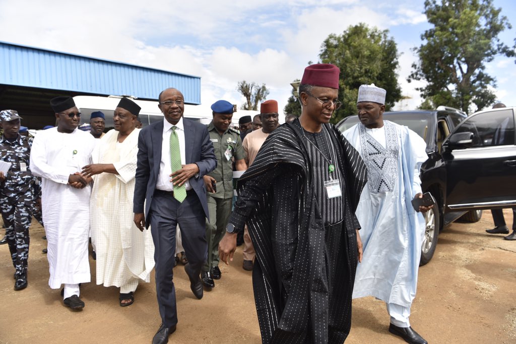 GovKaduna's tweet photo. Governor Nasir @elrufai has arrived in Zaria together with the Minister of Environment, Muhammad Mahmood and the Central Bank Governor, Godwin Emefiele, to receive President Muhammadu Buhari, ahead of the commissioning of the Zaria Water Project and the ABU Post-Graduate Centre. https://t.co/J2baNNVeI1