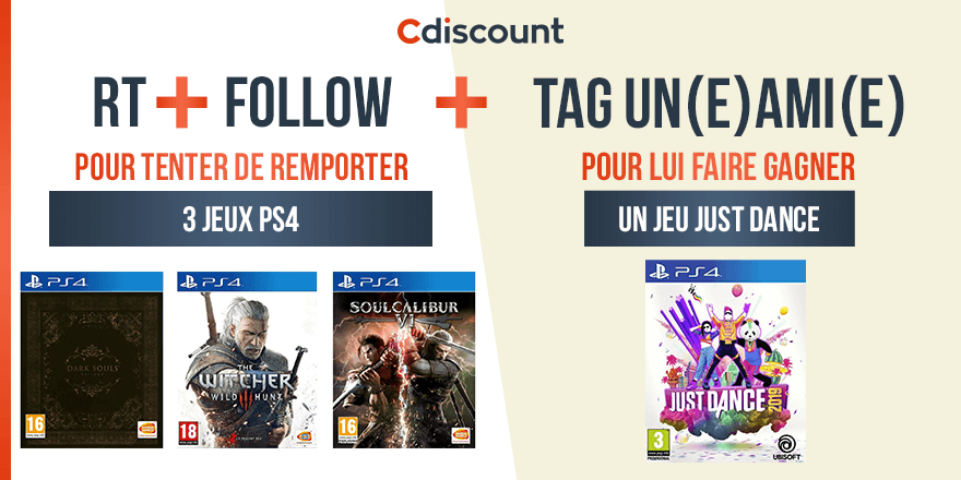 🎁 #Concours

Pendant que tu roules sur Dark Souls, 
ton pote try hard sur Just Dance 😁

🔸 Pour tenter votre chance : 
RT + Follow <a href="/Cdiscount/">Cdiscount</a> + TAG un(e) pote

TAS 29/08