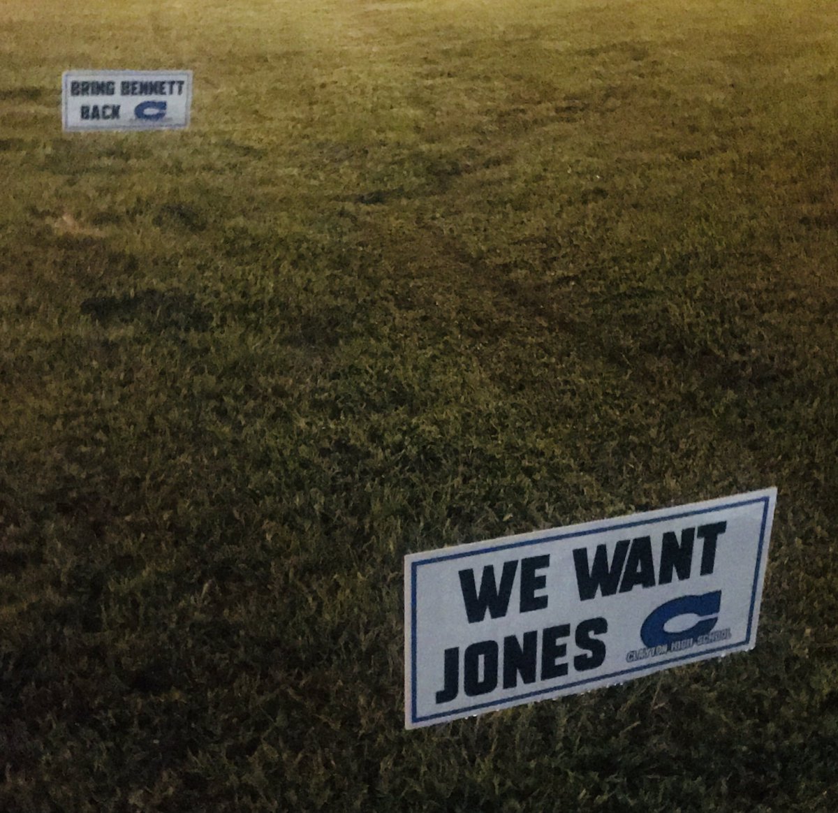 GloriaABC7's tweet photo. #RIGHTNOW-These signs are outside Clayton High School in support of former Principal Dr. Bennett Jones, who was transferred. Parents and students are having a rally tonight at Town Square at Clayton Center. They want him back. Latest: #ABC11: https://t.co/SoagBJeURP https://t.co/E2smORxOyX