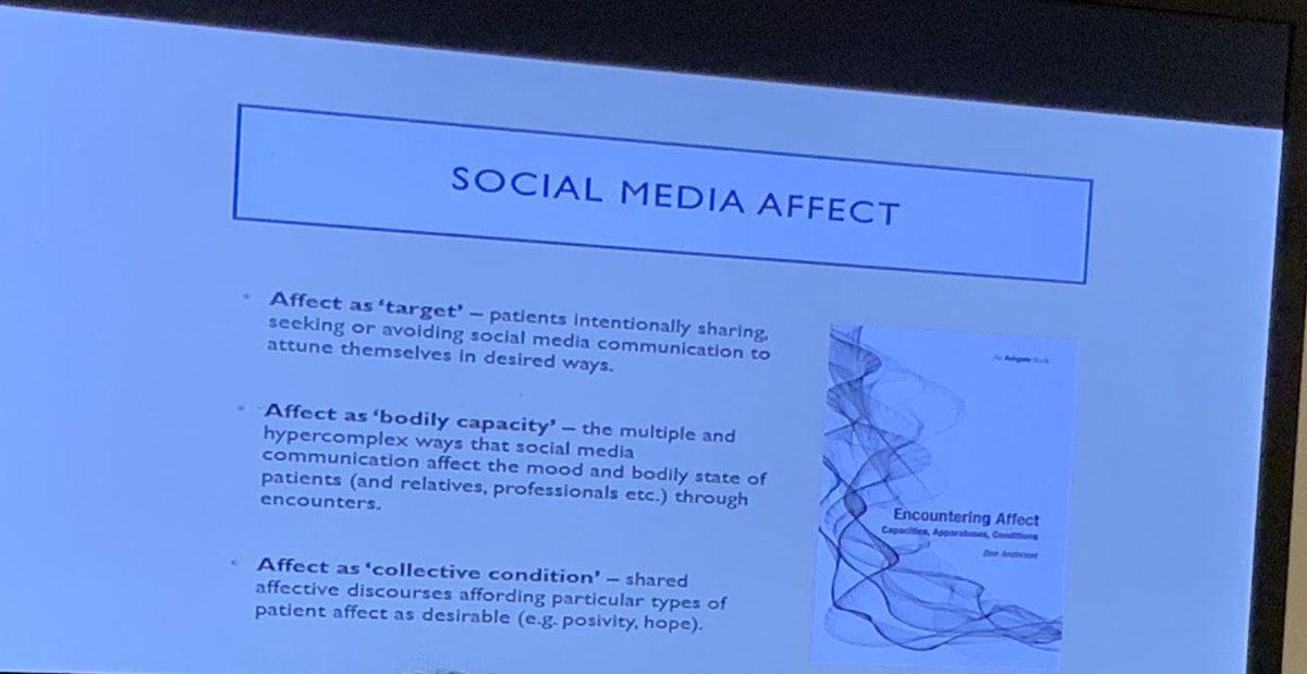 @klast @khvidtfeldt @CStage on Young Danish cancer patients' use and experience of social media. 47% report higher scoial media use after their diagnosis. Using Anderson’s conceptuslisations of affect as target, capacity, and condition. 
#nordmedia2019