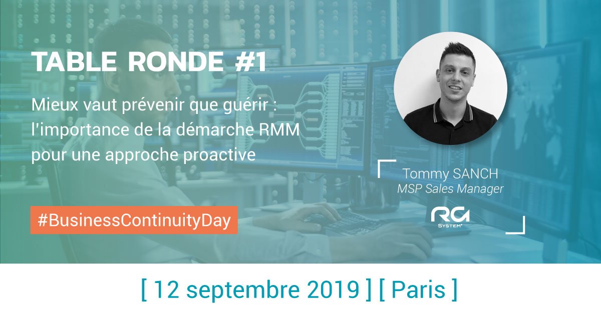 RG_System's tweet photo. [#EVENT] @tommy_sanch vous parle de l'importance du #RMM lors du #BusinessContinuityDay le 12 septembre prochain !

Plus d'info sur le programme ➡️ https://t.co/3Q5njowHes
Inscription ➡️ https://t.co/1A2a1mWJsz

#monitoringIT #supervision #businesscontinuity #ITManagement https://t.co/SmlWzMWDr6