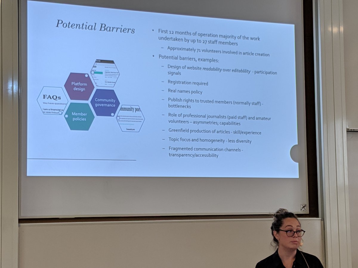 WikiResearch's tweet image. O’Riordan: Potential barriers to volunteer participation on @WikiTribune have included the website&apos;s design (emphasized readability over editability), and a real names policy. Over time, the project&apos;s model morphed from closed to hybrid to more open. #OpenSym