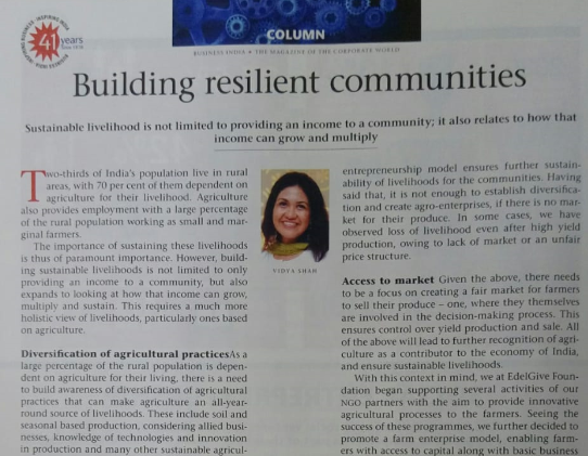 EdelGive's tweet photo. "Sustainable livelihood is not limited to providing an income to a community; it also related to how that income can grow, multiply and sustain", writes @VidyaRShah in Business India's special issue on #CSR. #philanthropy #climatechange #livelihoods - https://t.co/yIRsXXBfOz https://t.co/bwDAXG7C8Q