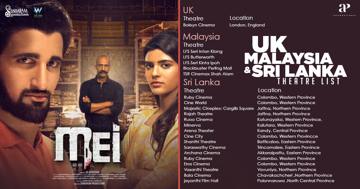 APIfilms's tweet photo. Here's the theatre list for @aishu_dil's #Mei releasing in Malaysia, UK & Sri Lanka on 23rd August!
Grab your tickets now !
@SundaramProd @Wideanglecr @SitaraSuresh @sabaaskar @actorkishore @prithvikumar #MeiFromTomorrow #MeiFromAug23 https://t.co/amU87rqooB